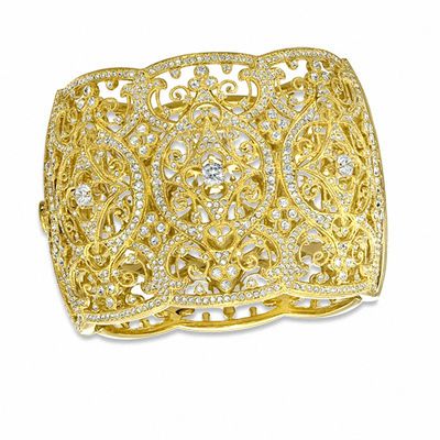 AVA Nadri Cubic Zirconia and Crystal Ornate Hinged Wide Bangle in Brass with 18K Gold Plate - 7.5"