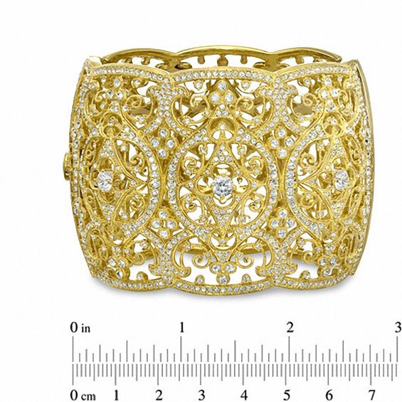 AVA Nadri Cubic Zirconia and Crystal Ornate Hinged Wide Bangle in Brass with 18K Gold Plate - 7.5"