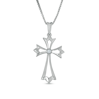 Diamond Accent Solitaire Gothic-Style Cross Pendant in Sterling Silver