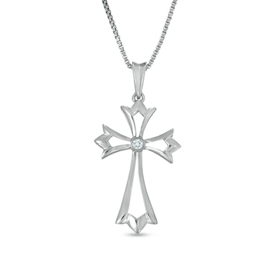 Diamond Accent Solitaire Gothic-Style Cross Pendant in Sterling Silver