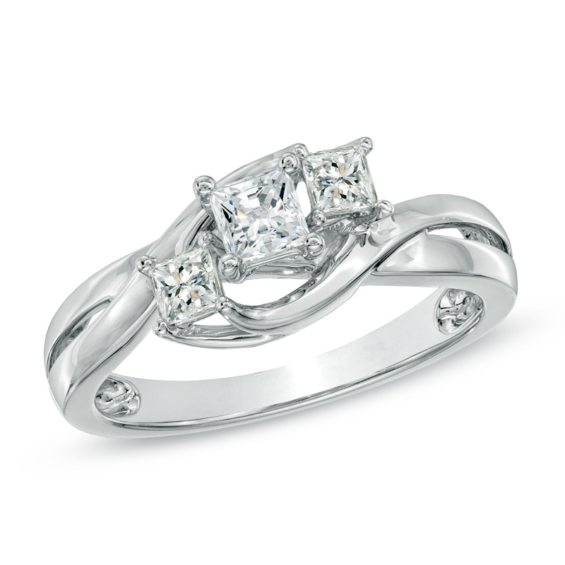 0.50 CT. T.W. Princess-Cut Diamond Three Stone Swirl Engagement Ring in 14K White Gold|Peoples Jewellers