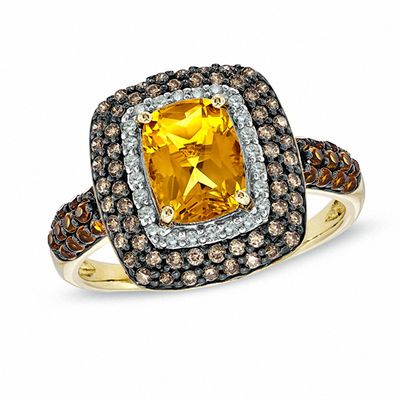 Cushion-Cut Madeira Citrine and 0.31 CT. T.W. Enhanced Champagne and White Diamond Ring in 10K Gold