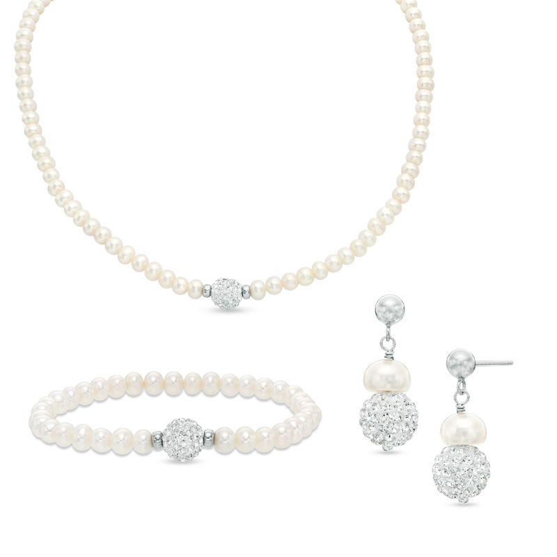 Honora 5.0-7.0mm Freshwater Cultured Pearl and Crystal Necklace, Bracelet and Earrings Set in Sterling Silver