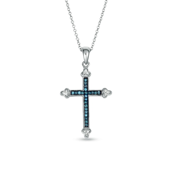 0.12 CT. T.W. Enhanced Blue and White Diamond Cross Pendant in Sterling Silver