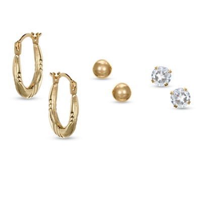 4.0mm Cubic Zirconia Stud, Ball and Hoop Earrings Set in 14K Gold