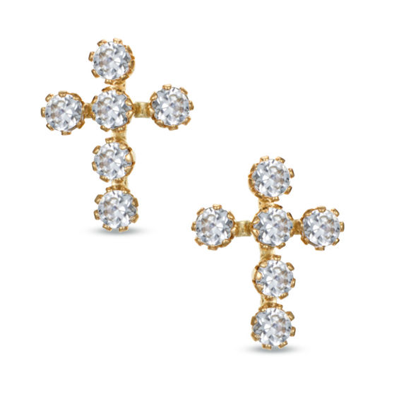 Small Lab-Created White Sapphire Cross Stud Earrings in 14K Gold