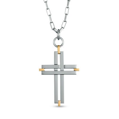 Men's Cross Pendant in Two-Tone Stainless Steel - 24"