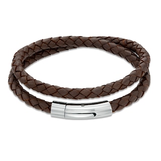 Men's Leather and Stainless Steel Double Wrap Bracelet