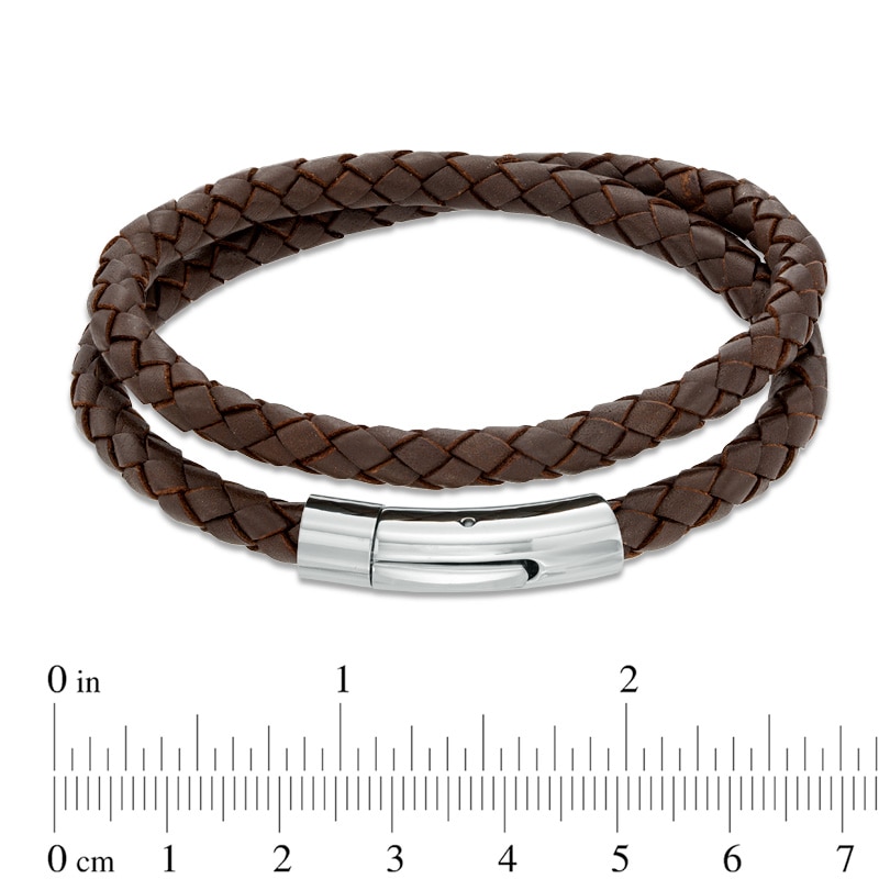 Men's Brown Leather and Stainless Steel Double Wrap Bracelet - 16.75"
