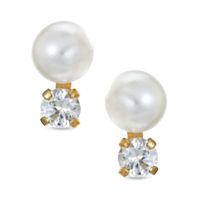 4.0mm Freshwater Cultured Pearl and Cubic Zirconia Stud Earrings in 14K Gold