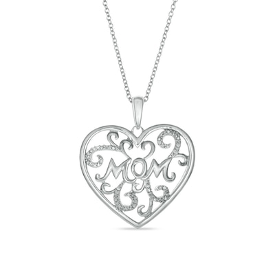 Diamond Accent Scroll "MOM" Heart Pendant in Sterling Silver