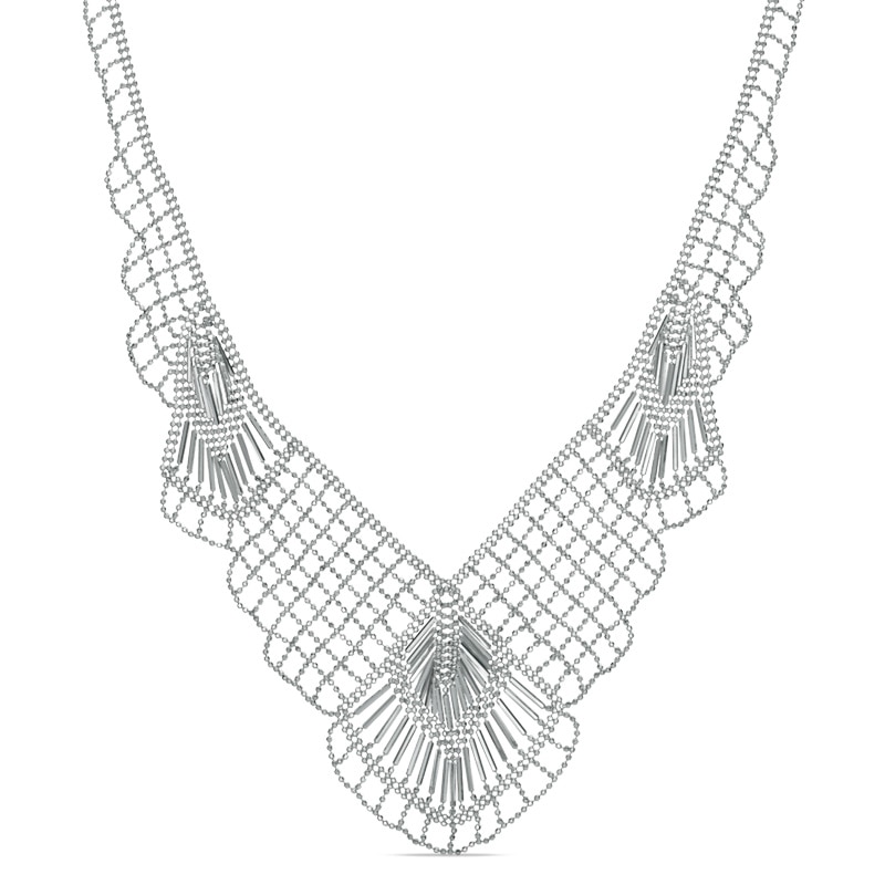 Diamond-Cut Beaded Mesh Fan Bib Necklace in Sterling Silver - 17"|Peoples Jewellers