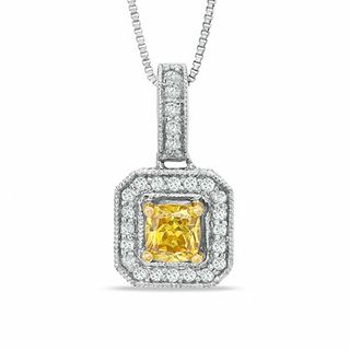 0.70 CT. T.W. Certified Cushion-Cut Natural Yellow and White Diamond Pendant in 14K White Gold (P/I1)