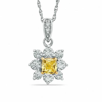 0.70 CT. T.W. Certified Cushion-Cut Natural Yellow and White Diamond Flower Pendant in 14K White Gold (P/I1)