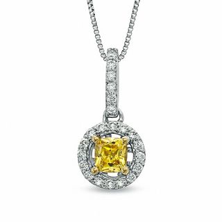 0.58 CT. T.W. Certified Cushion-Cut Natural Yellow and White Diamond Pendant in 14K White Gold (P/I1)