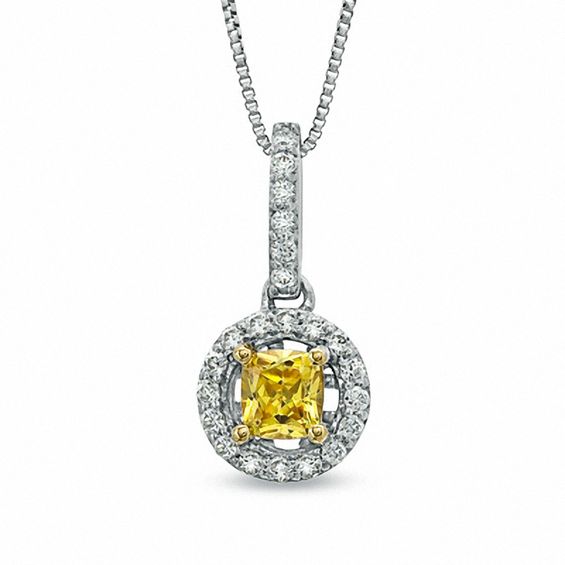 0.58 CT. T.W. Certified Cushion-Cut Natural Yellow and White Diamond Pendant in 14K White Gold (P/I1)