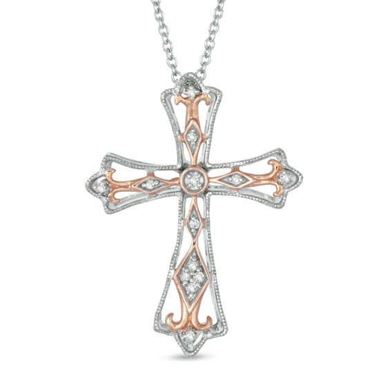 Diamond Accent Cross Pendant in Sterling Silver and 10K Rose Gold