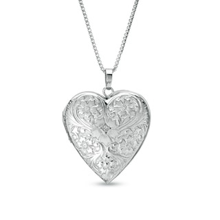 Diamond Accent Floral Heart-Shaped Locket in Sterling Silver