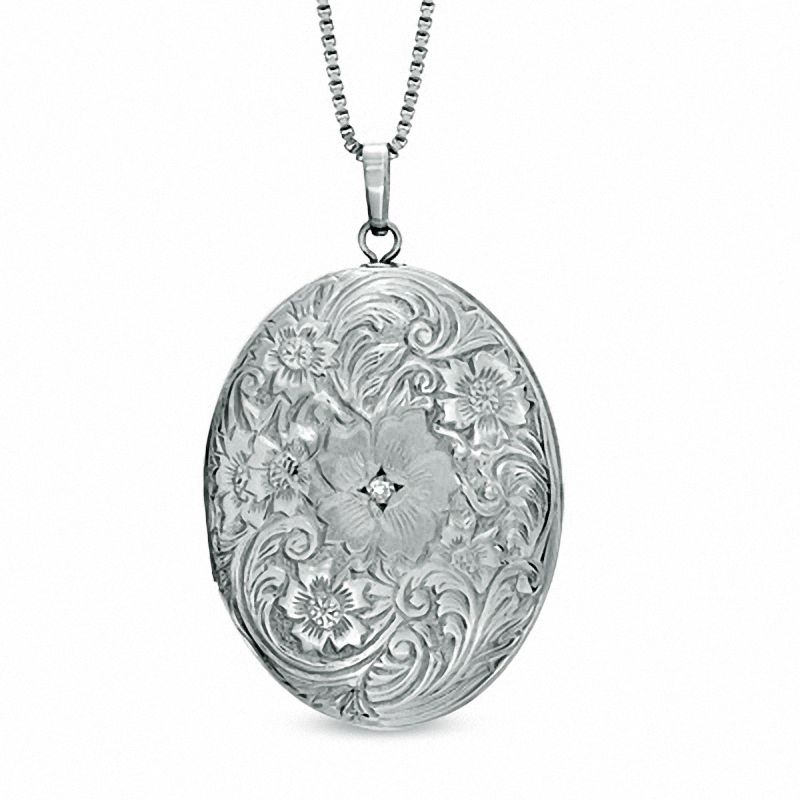 Diamond Accent Floral Oval Locket in Sterling Silver|Peoples Jewellers