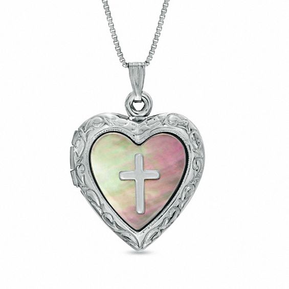 Heart-Shaped Mother-of-Pearl Locket with Cross in Sterling Silver