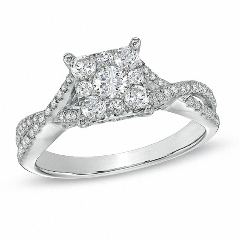 0.75 CT. T.W. Diamond Cluster Criss-Cross Shank Engagement Ring in 14K White Gold|Peoples Jewellers