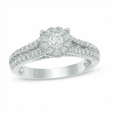 0.75 CT. T.W. Diamond Frame Split Shank Engagement Ring in 14K White Gold