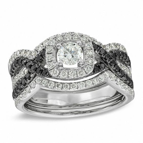 1.15 CT. T.W. Enhanced Black and White Diamond Bridal Set in 14K White Gold