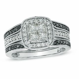 0.95 CT. T.W. Princess-Cut Quad Diamond Frame Bridal Set in 14K White Gold