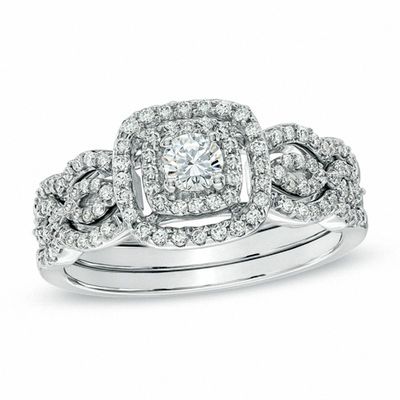 0.62 CT. T.W. Diamond Double Frame Three Piece Bridal Set in 10K White Gold