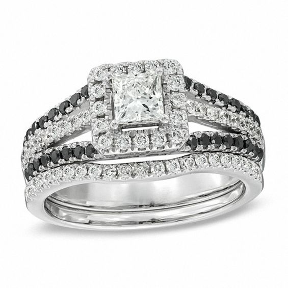 1.00 CT. T.W. Enhanced Black and White Diamond Frame Bridal Set in 14K White Gold