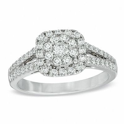 0.70 CT. T.W. Multi-Diamond Cushion Frame Split Shank Engagement Ring in 14K White Gold