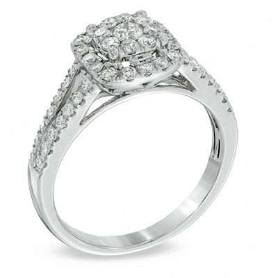 0.70 CT. T.W. Multi-Diamond Cushion Frame Split Shank Engagement Ring in 14K White Gold