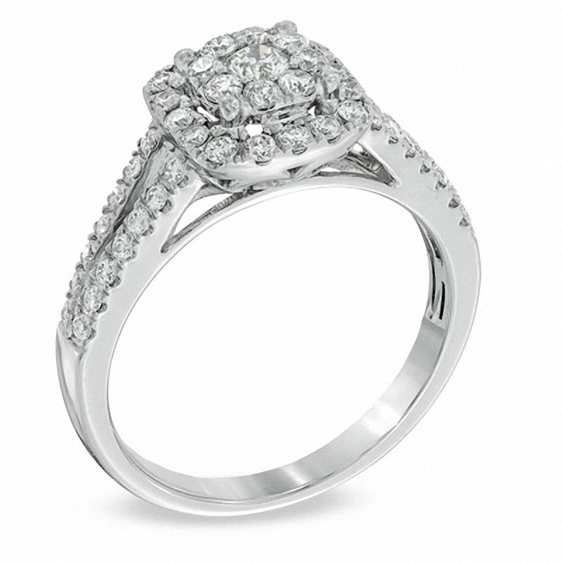0.70 CT. T.W. Multi-Diamond Cushion Frame Split Shank Engagement Ring in 14K White Gold|Peoples Jewellers