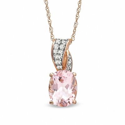 Oval Morganite and Lab-Created White Sapphire Ribbon Pendant in 10K Rose Gold