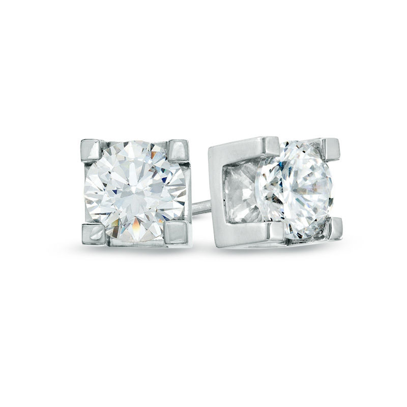 Main Image 1 of 1.00 CT. T.W. Certified Canadian Diamond Solitaire Stud Earrings in 14K White Gold (I/I2)