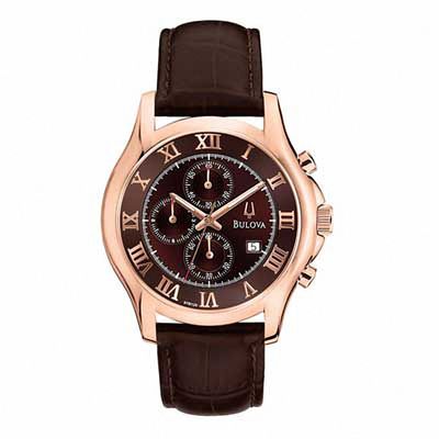 Men's Bulova Dress Chronograph Rose-Tone Strap Watch with Brown Dial (Model: 97B120)