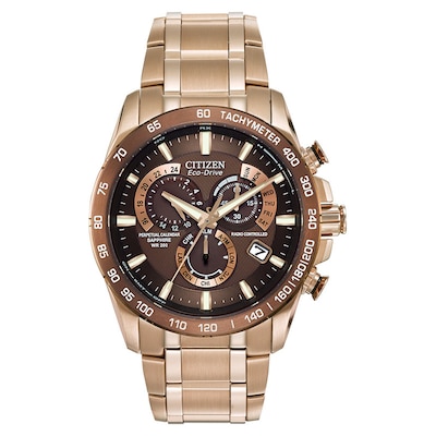 Men's Citizen Eco-Drive® PCAT Chronograph Rose-Tone Watch with Brown Dial (Model: AT4106-52X)