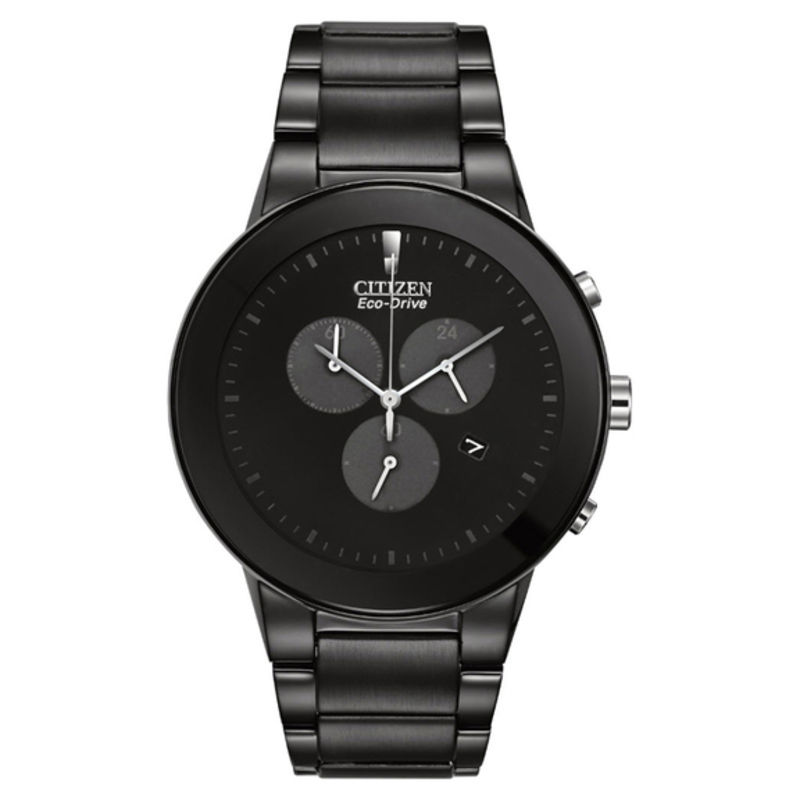 Men s Citizen Eco Drive Axiom Chronograph Black IP Watch with Black Dial Model AT2245 57E Peoples Jewellers