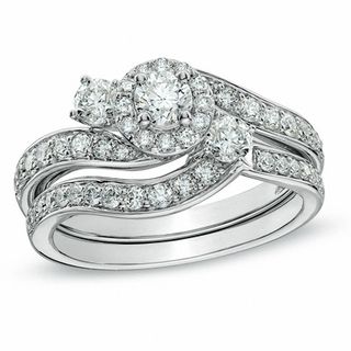 1.00 CT. T.W. Diamond Three Stone Bypass Bridal Set in 10K White Gold