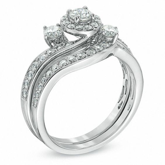 1.00 CT. T.W. Diamond Three Stone Bypass Bridal Set in 10K White Gold