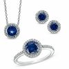 Thumbnail Image 0 of Lab-Created Blue and White Sapphire Pendant, Ring and Earrings Set in Sterling Silver - Size 7