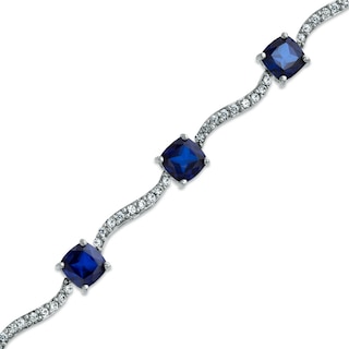 Cushion-Cut Lab-Created Ceylon Blue and White Sapphire Wave Bracelet in Sterling Silver - 7.25"