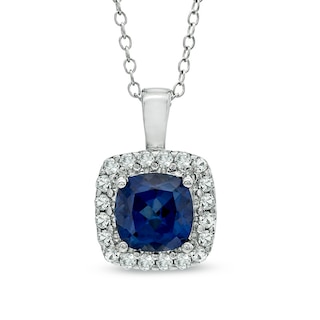 7.0mm Cushion-Cut Lab-Created and White Sapphire Pendant in Sterling Silver