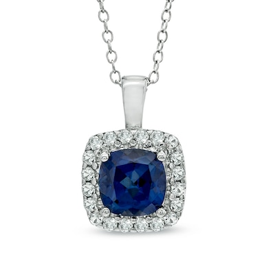 7.0mm Cushion-Cut Lab-Created and White Sapphire Pendant in Sterling Silver