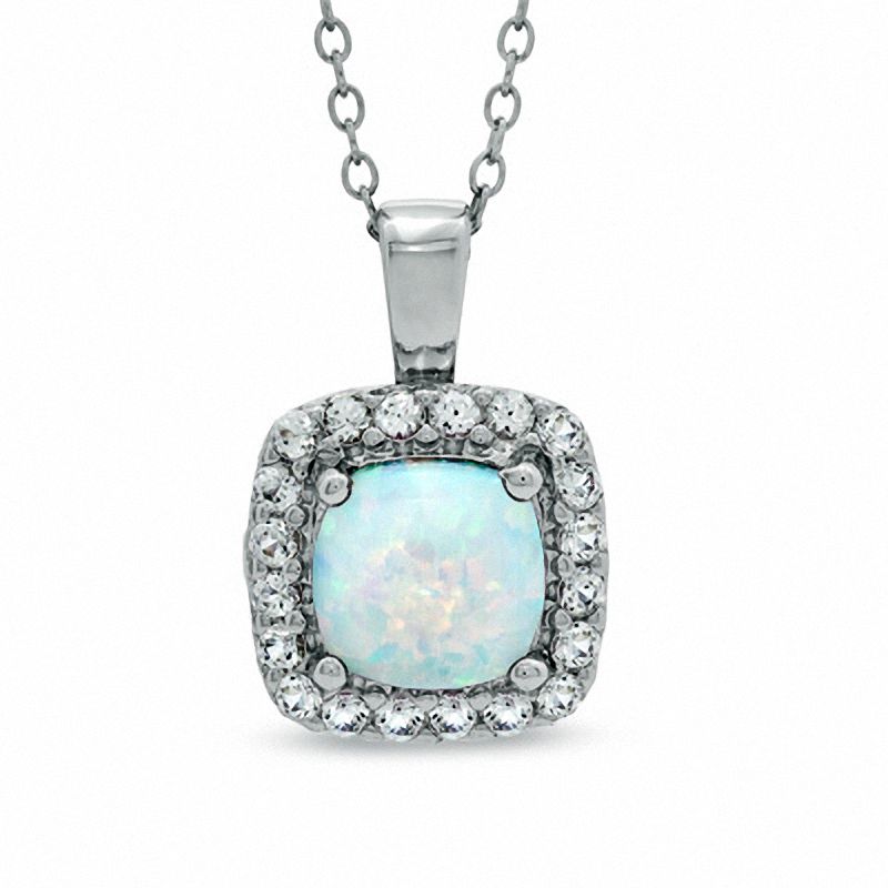 7.0mm Cushion-Cut Lab-Created Opal and White Sapphire Pendant in Sterling Silver|Peoples Jewellers