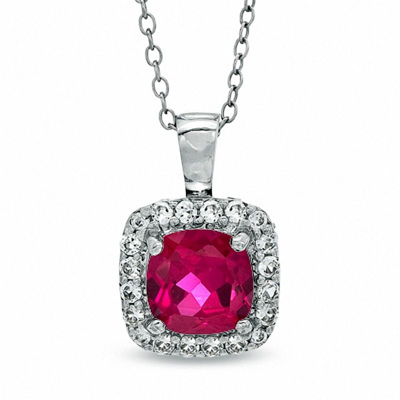 7.0mm Cushion-Cut Lab-Created Ruby and White Sapphire Pendant in Sterling Silver|Peoples Jewellers
