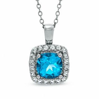 7.0mm Cushion-Cut Swiss Blue Topaz and Lab-Created White Sapphire Pendant in Sterling Silver