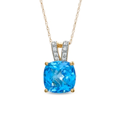 9.0mm Cushion-Cut Swiss Blue Topaz and Lab-Created White Sapphire Pendant in 10K Gold