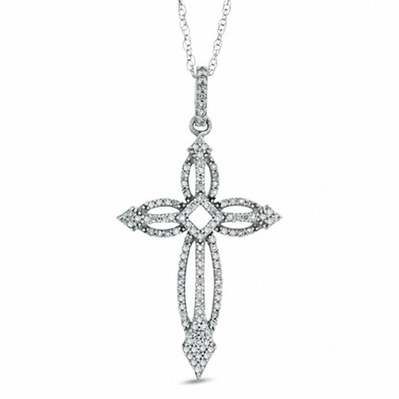 0.20 CT. T.W. Diamond Open Cross Pendant in 10K White Gold