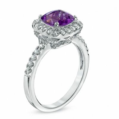 7.0mm Cushion-Cut Amethyst and Lab-Created White Sapphire Ring in Sterling Silver